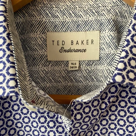 Ted Baker Endurance Navy Blue/White Geometric Flip Cuff Long Sleeve Shirt 15.5 - Picture 3 of 7